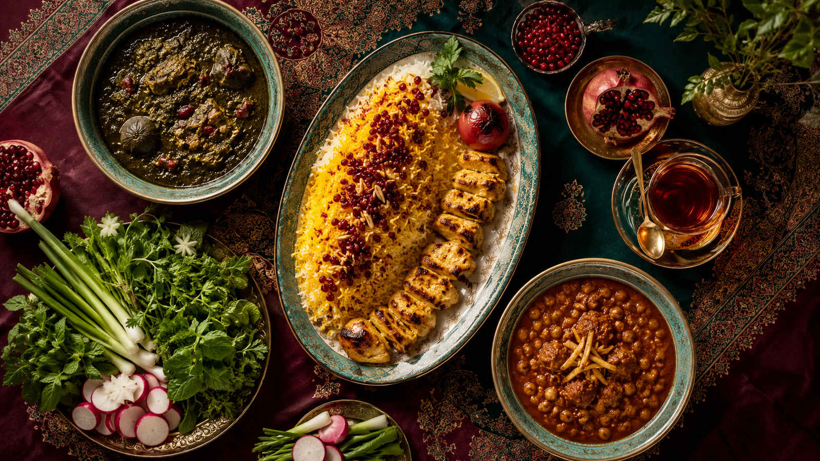 سفره ایرانی شامل برنج زعفرانی، جوجهکباب، خورش سبزی و مخلفات تازه